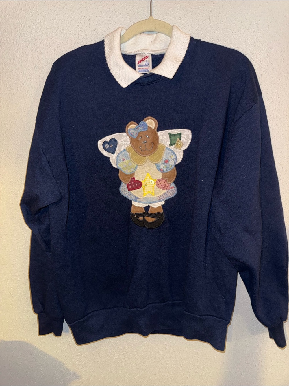 Jerzees Navy Crewneck Sweater with Bear Applique and White Collar